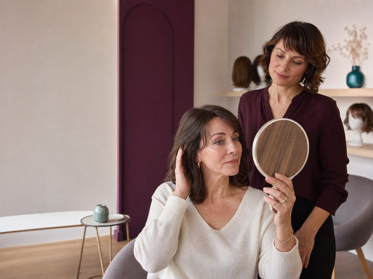 Accompagnement capillaire dans un studio privé, devant un miroir
